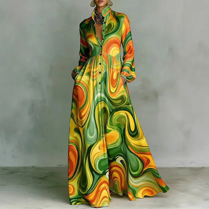 Effortless Printed Maxi Dress with Stand Collar Button Front High Waist Bohemian Style