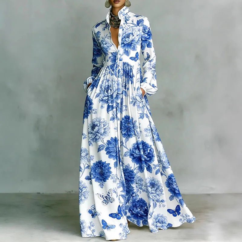 Effortless Printed Maxi Dress with Stand Collar Button Front High Waist Bohemian Style