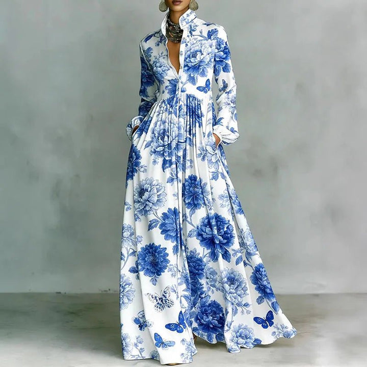 Effortless Printed Maxi Dress with Stand Collar Button Front High Waist Bohemian Style