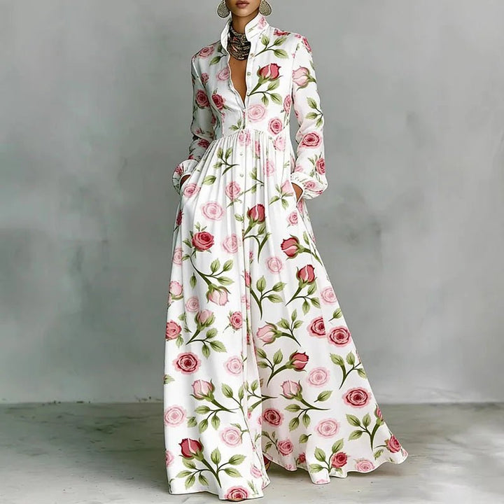 Effortless Printed Maxi Dress with Stand Collar Button Front High Waist Bohemian Style