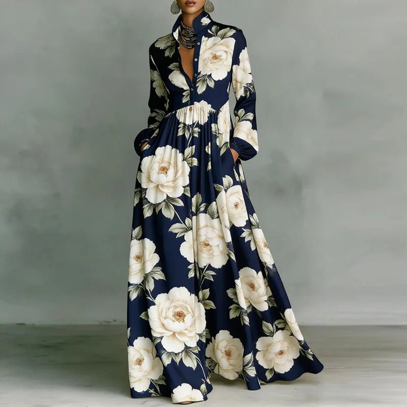 Effortless Printed Maxi Dress with Stand Collar Button Front High Waist Bohemian Style