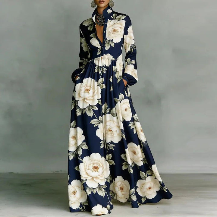 Effortless Printed Maxi Dress with Stand Collar Button Front High Waist Bohemian Style