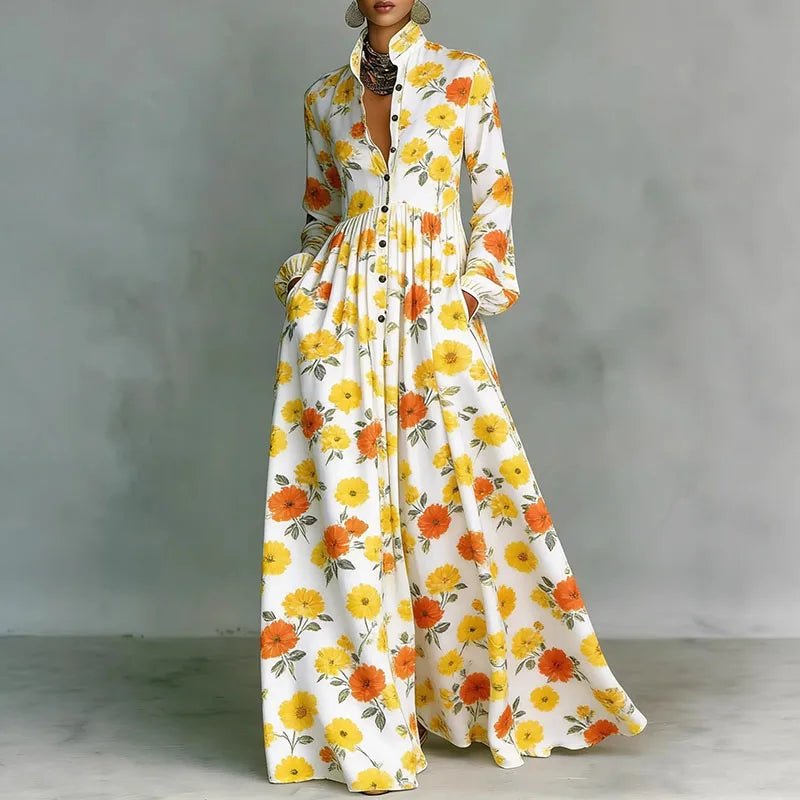 Effortless Printed Maxi Dress with Stand Collar Button Front High Waist Bohemian Style
