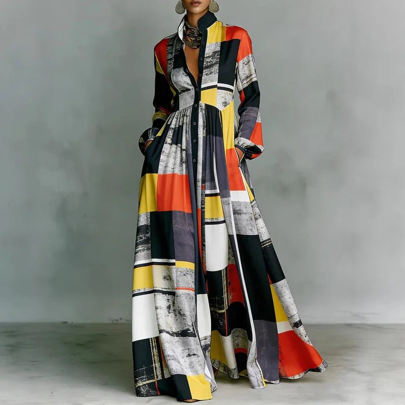 Effortless Printed Maxi Dress with Stand Collar Button Front High Waist Bohemian Style