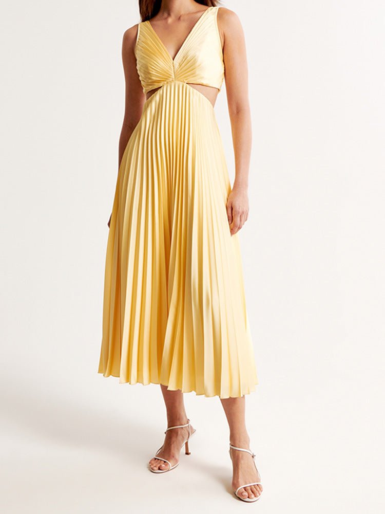Elegant Yellow Maxi Dress for Women with Pleated Skirt Cut-Out Waist Formal Wedding Guest Style