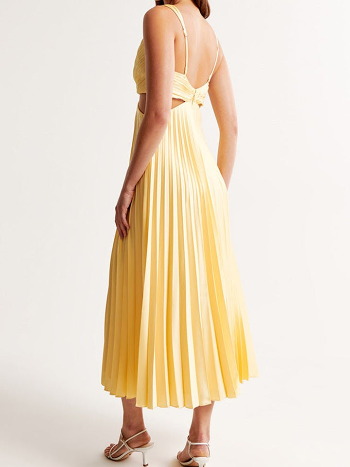Elegant Yellow Maxi Dress for Women with Pleated Skirt Cut-Out Waist Formal Wedding Guest Style