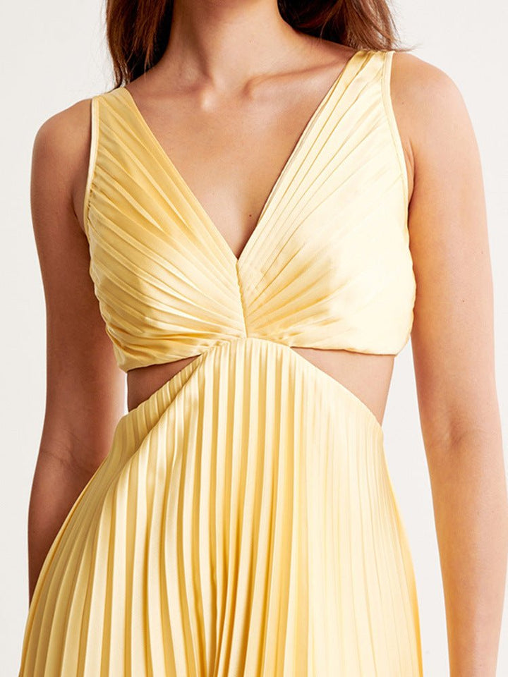 Elegant Yellow Maxi Dress for Women with Pleated Skirt Cut-Out Waist Formal Wedding Guest Style