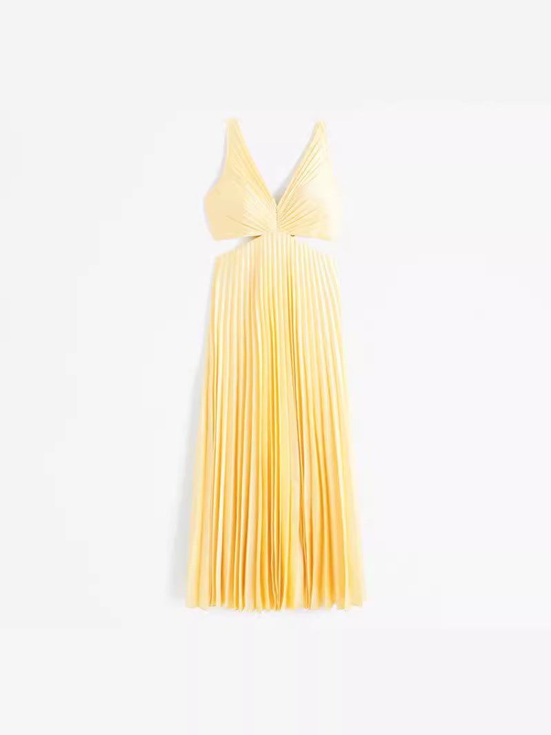 Elegant Yellow Maxi Dress for Women with Pleated Skirt Cut-Out Waist Formal Wedding Guest Style