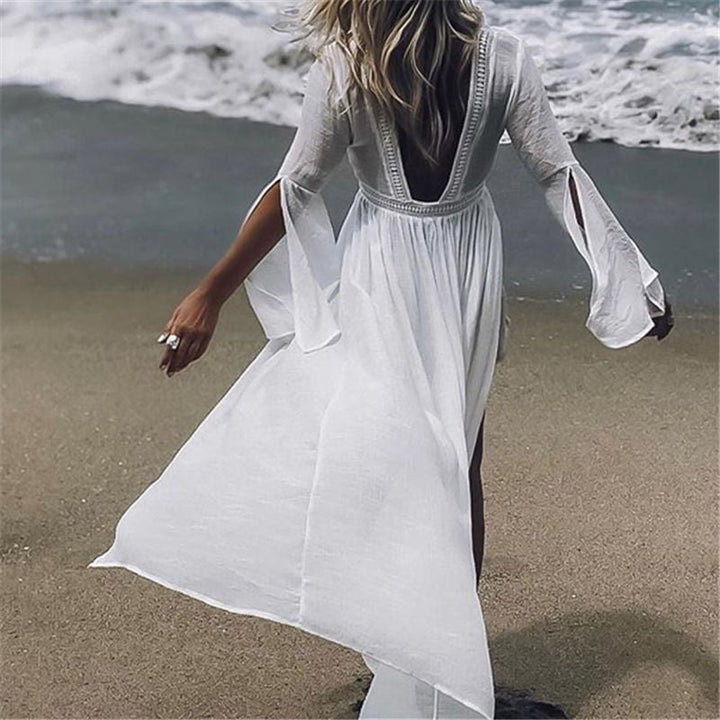 Effortless White Maxi Dress for Women with Open Back Flowy Kimono Tunic Cover-Up Style