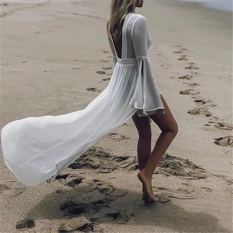 Effortless White Maxi Dress for Women with Open Back Flowy Kimono Tunic Cover-Up Style