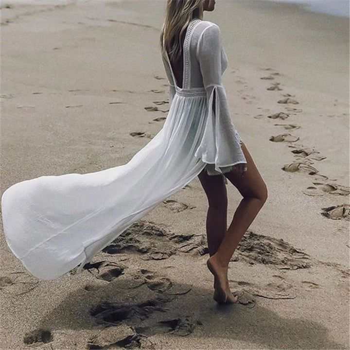 Effortless White Maxi Dress for Women with Open Back Flowy Kimono Tunic Cover-Up Style