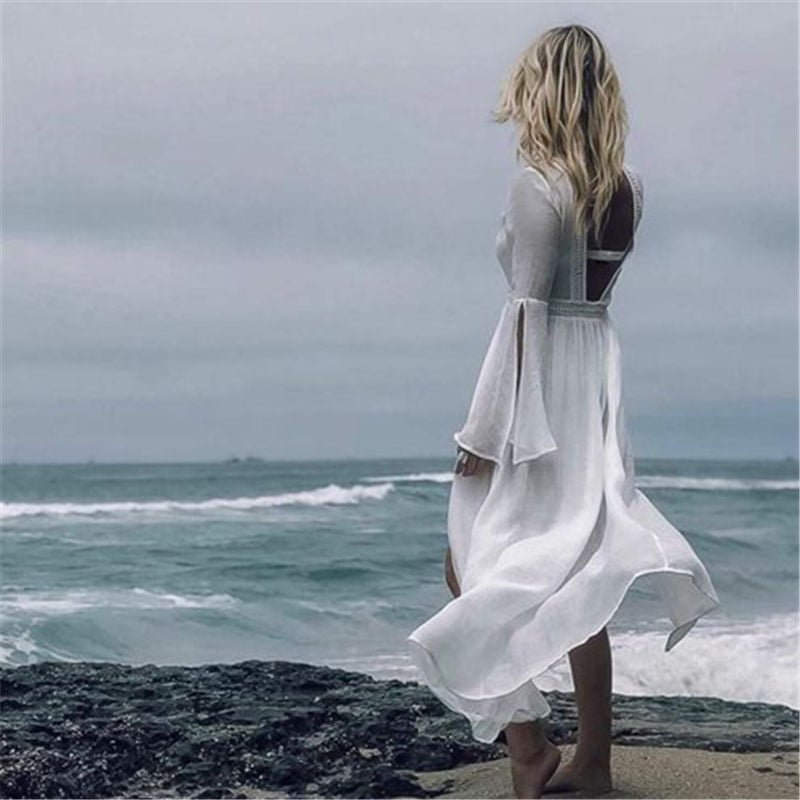 Effortless White Maxi Dress for Women with Open Back Flowy Kimono Tunic Cover-Up Style