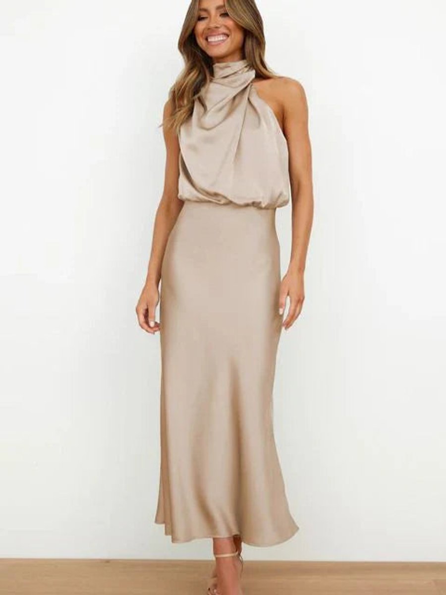 Elegant Satin Maxi Dress with High Neck Halter Draped Bodice Fall Wedding Guest
