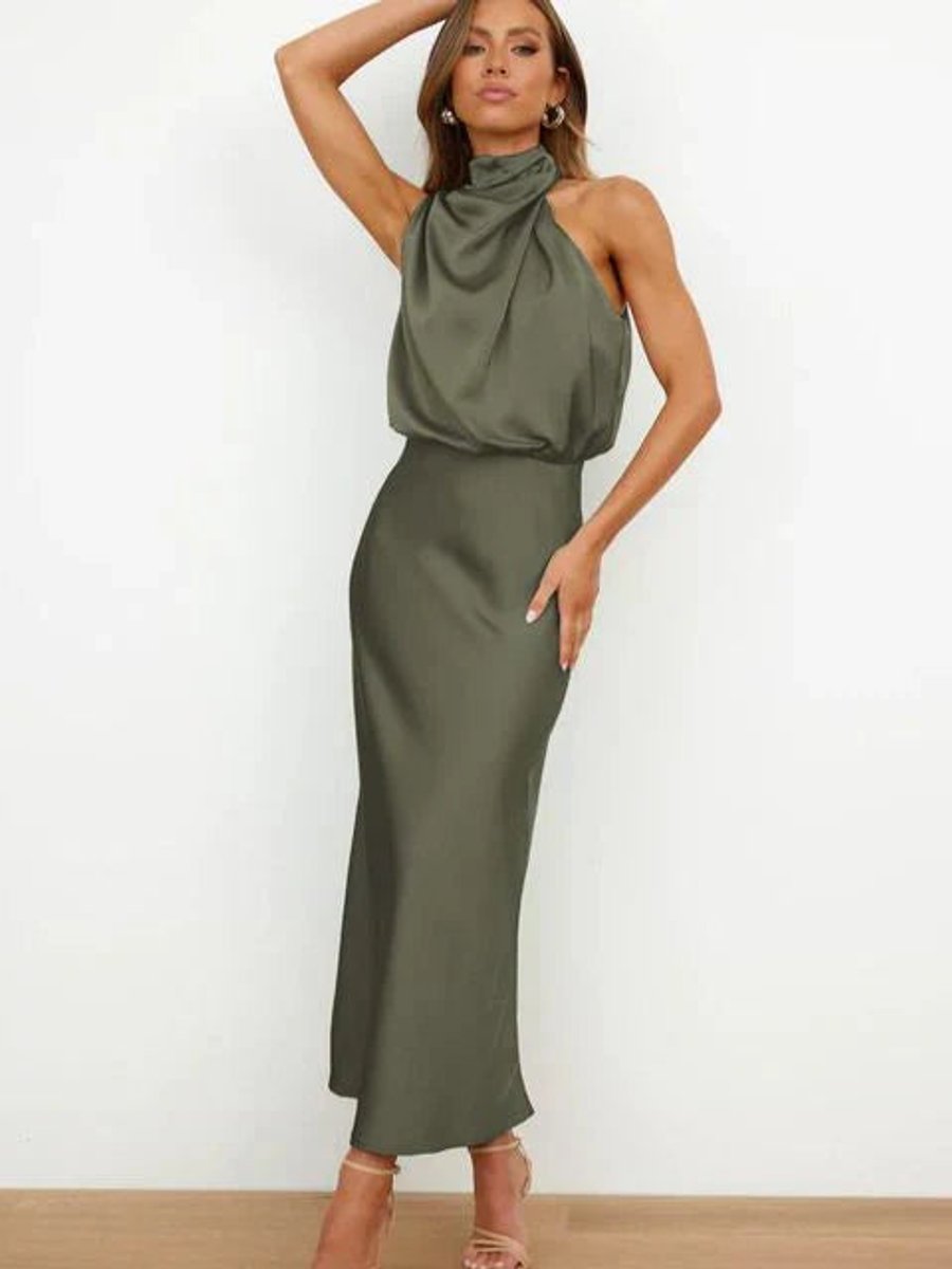 Elegant Satin Maxi Dress with High Neck Halter Draped Bodice Fall Wedding Guest