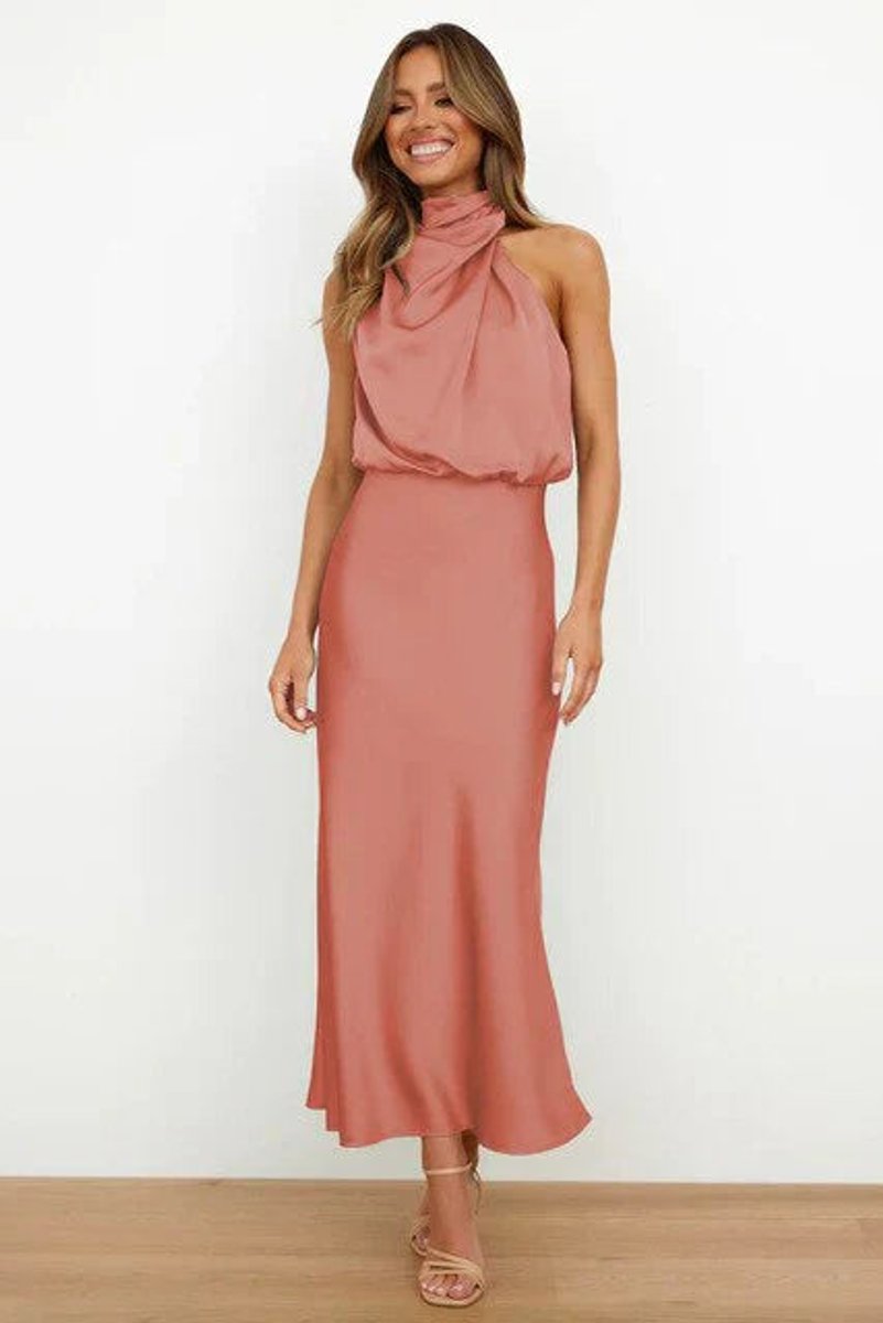 Elegant Satin Maxi Dress with High Neck Halter Draped Bodice Fall Wedding Guest