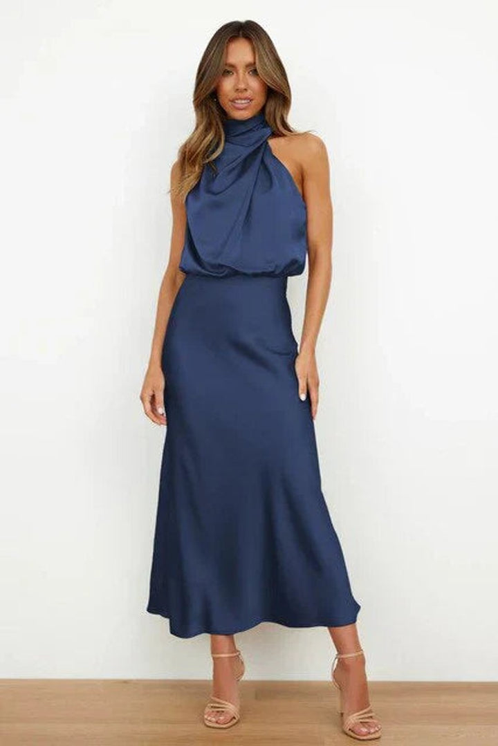 Elegant Satin Maxi Dress with High Neck Halter Draped Bodice Fall Wedding Guest