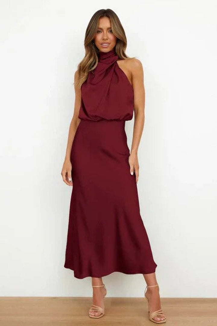 Elegant Satin Maxi Dress with High Neck Halter Draped Bodice Fall Wedding Guest