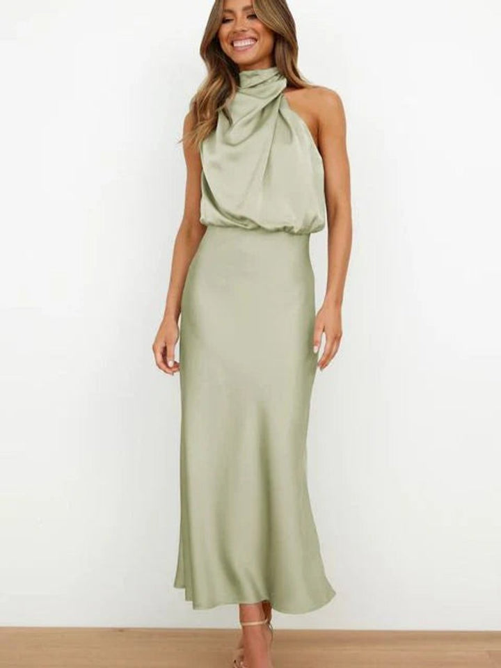 Elegant Satin Maxi Dress with High Neck Halter Draped Bodice Fall Wedding Guest