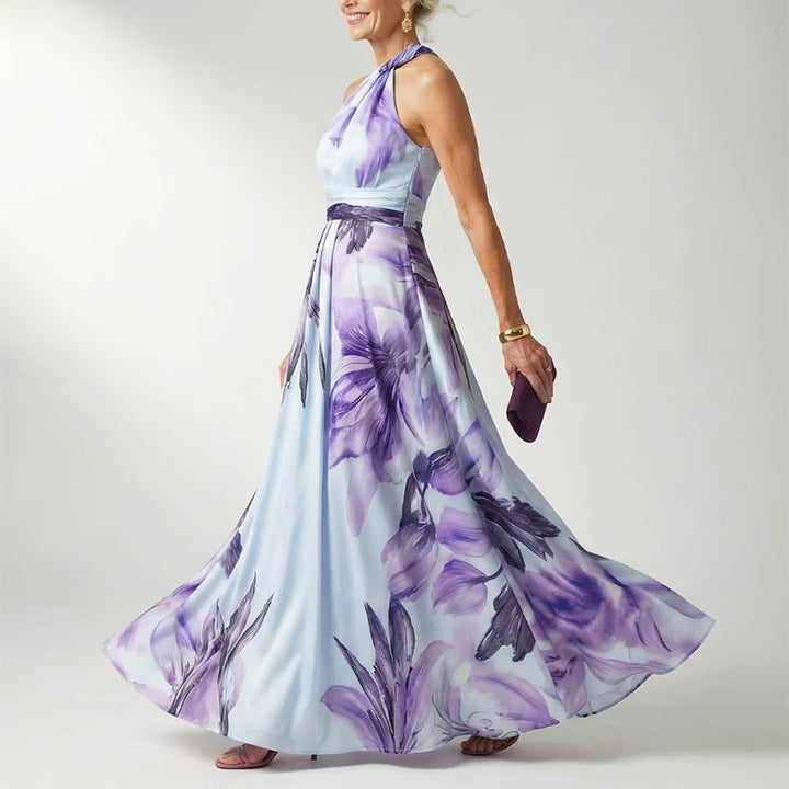 Elegant Floral Fall Wedding Guest Dress for Women with One Shoulder Halter Belted Flowing Style