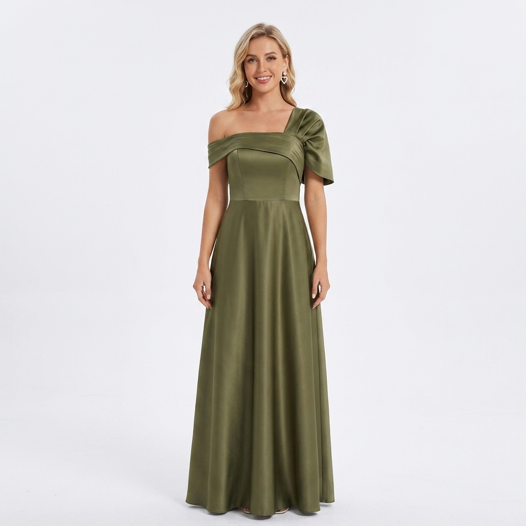 Elegant Green Satin Fall Wedding Guest Dress with One Shoulder Short Sleeve A Line