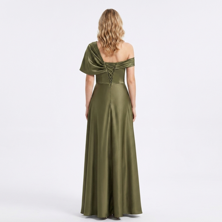 Elegant Green Satin Fall Wedding Guest Dress with One Shoulder Short Sleeve A Line