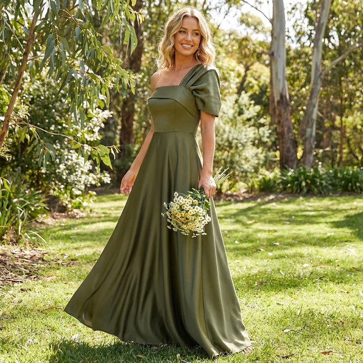 Elegant Green Satin Fall Wedding Guest Dress with One Shoulder Short Sleeve A Line