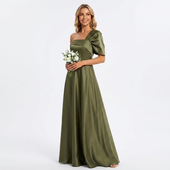 Elegant Green Satin Fall Wedding Guest Dress with One Shoulder Short Sleeve A Line